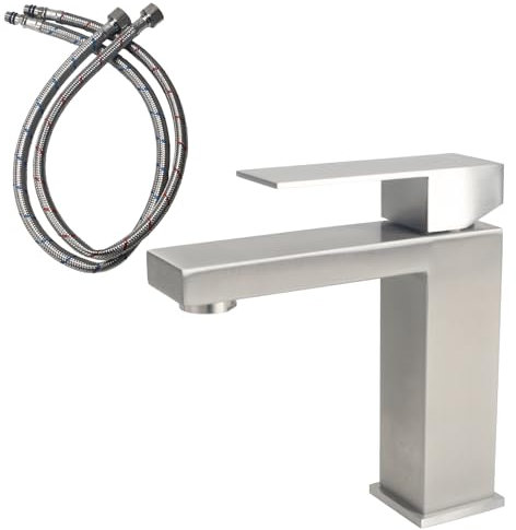 Minnhua Robinet Salle Bain Acier Inoxydable, Mitigeur Lavabo avec Tuyau, Poignée Unique Robinet Lavabo Salle de Bain, Robinets Lave Main Eau Chaude et Froide pour Cuisine (Brossé)