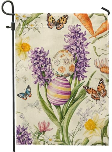 Bandiera da giardino floreale primaverile pasquale, farfalle giacinto viola, decorazione per la casa e il giardino, bandiera da giardino in iuta su entrambi i lati, decorazione per prato esterno 30,5