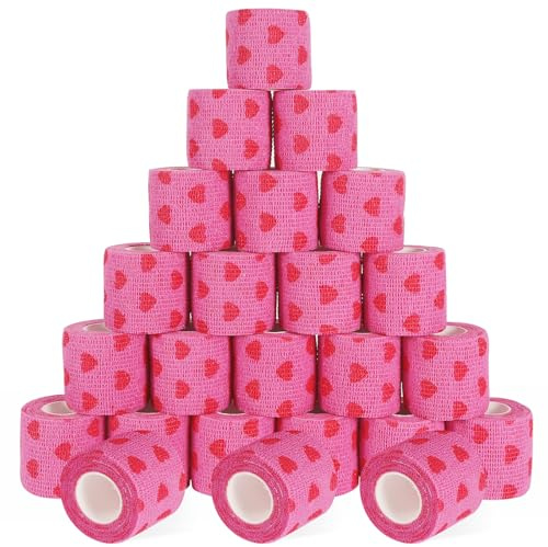 24 Pack Self Adhesive Vet Wrap & Medical Tape, 2 Inch x 5 Yards Cohesive Bandage Wrap - Pink Heart Grip Tape for Ankle, Wrist Sprains, Sports, Pet First Aid