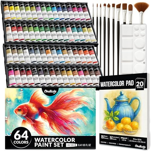 Chalkola Set di pittura ad acquerello, 64 tubetti di pittura ad acqua (12 ml, 11,3 g), 10 pennelli e 1 tavolozza, 20 tamponi per acquerelli, forniture artistiche per adulti, bambini, principianti e