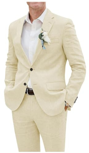 Costume en lin pour hommes 2 pièces avec blazer et pantalon à revers à encoche à simple boutonnage, léger, smoking pour mariage professionnel, Beige., M