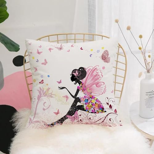 YFHJV Fundas de Almohada 40x40cm - Fundas de Cojines de Calidad con una Suavidad Incomparable - Ideal para Dormitorio - Silueta Abstracta de una niña con alas Rosas rodeada de Flores y Mariposas de