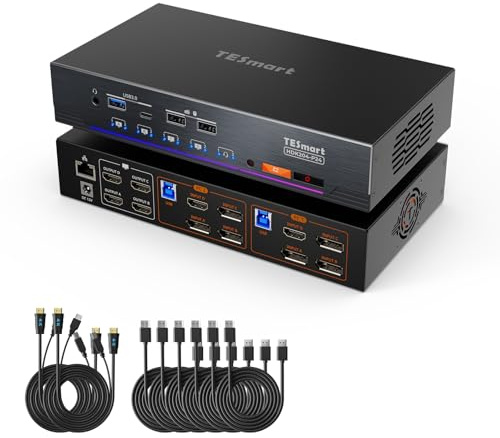 TESmart DP HDMI KVM Switch 4 Monitors 2 Computers 4K@60Hz, Quad Monitor KVM Docking Station, KVM Switch USB 3.0, EDID Emulators, Audio & Mic, Gigabit Network, Hotkey Switch, with All Input Cables