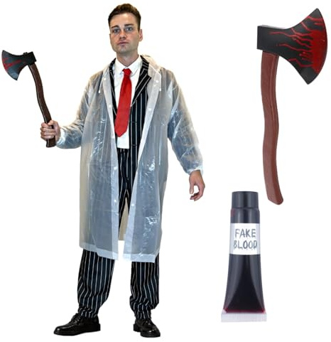 SoWest Men’s 6-Piece American Psycho Costume – Transparent Raincoat, Pinstripe Suit, Red Tie, Fake Axe & Blood Set | TV Film Character Cosplay Fancy Dress Outfit for Halloween Parties - XXL