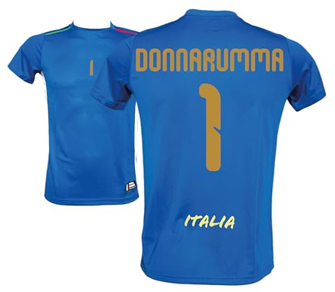 Generico Maglia Italia Calcio Donnarumma 1, Blu con Stampe in Oro, Replica Maglietta Nazionale Italiana, Taglie da Adulto e Bambino (IT, Testo, S)