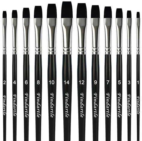 Findartle Pinceles Planos, 12 Pinceles Planos para acrílico, Acuarela, óleo, Gouache, Pintura, Pinceles artísticos para Manualidades, témpera, decoración de uñas y Pintura Facial (Negro)