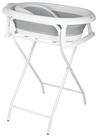 Babybadkar med stativ, ergonomiskt babybad med stativ, arrangör för föräldrar, barnbadkar med badstol, för spädbarn från 0–36 månader ((stil 1) 85 x 47 x 85 cm – grå)