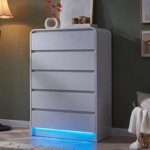 HYNHXBP Commode Haute 5 Tiroirs avec LED RGB, Meuble de Rangement Blanc sans Poignées, Commode Étroite Moderne pour Chambre Adulte ou Enfant, Design Minimaliste Gain de Place, 73 x 40 x 110 cm