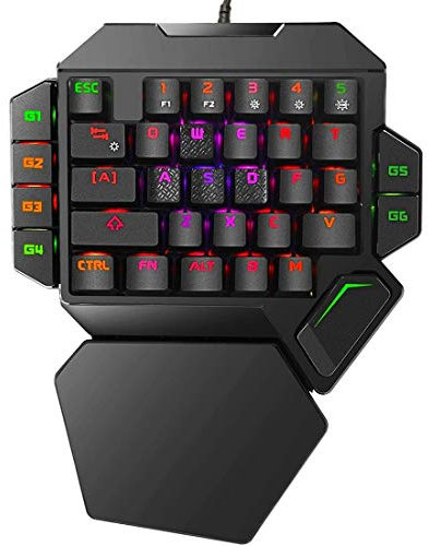 Cakce Teclado mecánico RGB de una mano, teclado de juego profesional retroiluminado colorido con reposamuñecas, teclado mecánico con cable USB para juegos