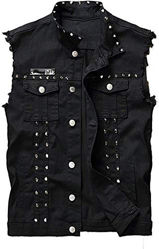 Idopy Chaleco de Mezclilla Punk Slim Fit para Hombre Sin Mangas Con Remaches Negro 3XL