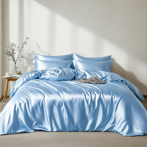 Lanqinglv - Juego de ropa de cama de satén, 135 x 200 cm, simulación de seda, 2 piezas, lila, funda nórdica con funda de almohada de 50 x 75 cm, microfibra, azul, 135x200cm+80x80cm*1