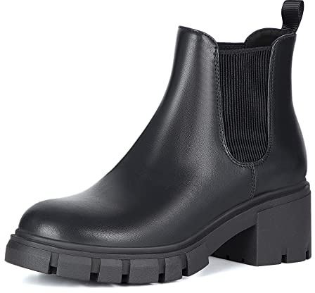Athlefit Women's Chelsea Boots Fashion Lug Sole Chunky Heel Slip on Elastic Ankle Black Booties Size 9