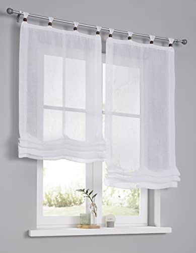 Raffrollo Raffgardine mit Schlaufen Brondby Boule weiß. Mit Zierkugeln für die Schlaufen. Holzperlen/Dekokugeln mit Bohrung aus Holz - Buche braun lasiert (100 x 140 cm)