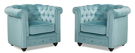 Vente-unique-Lotto di 2 poltrone CHESTERFIELD in velluto Azzurro pastello