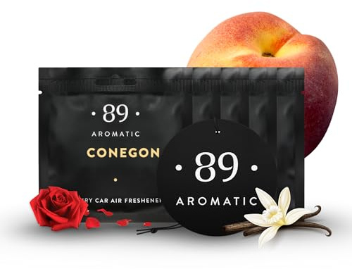 Aromatic • 89 • Billuftfräschare 5-pack – bildoft och doftträd med persika, ros och vanilj – hängande doftkort, bildoft och bilparfym, långvarig premiumdoft, luktborttagare upp till 100 dagar