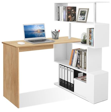 Mondeer Bureau Informatique, Bureau d‘Ordinateur avec Étagère Rangement à Quatre Niveaux, Table de Travail PC Table pour Salle d‘Etude, 157 x 45 x 130,5 cm, Chêne et Blanc