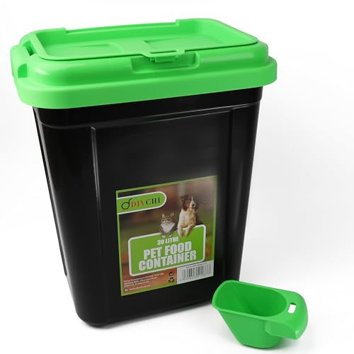 DIVCHI 20L Pet Food Storage Container Flip Top Locking System With Integrated Scoop Plastic Birds Airtight Pet Dog Cat Animal Dry Food 9 KG Dispenser Bin (Green)