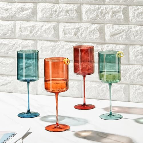 Colored Square Ripple Crystal Wine Glass | Set of 4 | Modern Unique Gift For Her, Friend - Large 15.2 oz Ribbed, Colorful Italian Style Tall Drinkware - Red & White Color Beautiful Glassware (Muted)