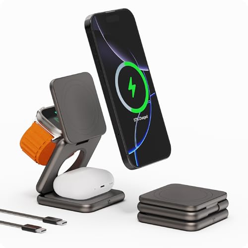HIROTO MagSafe-Compatible Origami 3-in-1 Wireless Charger Station, Aluminium Alloy Qi-Certified iPhone charger for 17/16/15/14/13 Series, apple watch charger, and AirPods