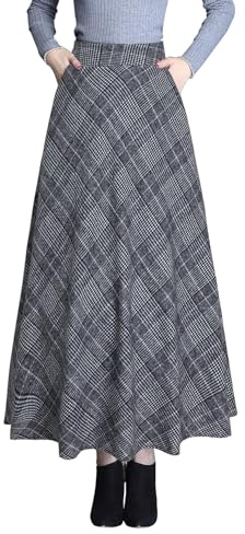BiilyLi Jupe Longue Femme Hiver Laine Taille Haute Carreaux Trapèze Skirts | Jupe ecossaise femme au style rétro, 20 couleurs au choix, avec poches profondes et doublure douce.