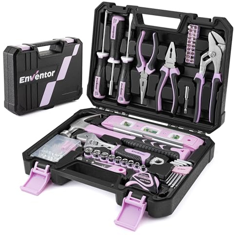 Enventor Pink Tool Kit Set for Women, 108PCS General Household Hand Tool Kit with Storage Toolbox, Ladies Small Tool Kits for Home