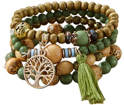 Sternstunde 4 Stück Boho Armbänder Damen, Chakra Armband für Frauen, Schmuck Boho Armreifen mit Holzperlen und Quaste, Chakra Armband, Lebensbaum-Charm, Liebe, Statement-Armreifen (I)