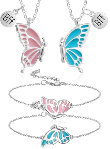 SwirlColor vänskapskedja och armband 4 st, fjäril halsband Bff armband för 2 flickor vänskapspresenter för tonåringar examen födelsedag, eine Größe, Metall, Ingen ädelsten