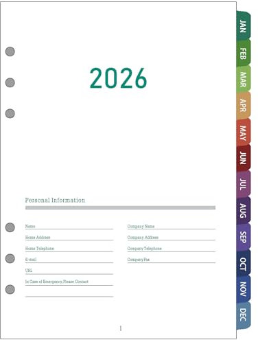 2026 Wochenplaner Einlagen A5 6 Löcher, Deutsch, 1 Woche auf 2 Seiten, mit farbigen Tabs, Januar–Dezember 2026, 100 g/m² dickes Papier, Kalendereinlagen für A5 Ringbuch Planer