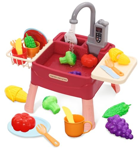 Jouets d'évier de Cuisine pour Enfants de 1 an,Cuisine pour Enfant avec Système d'eau Courante,Jeu de Nourriture et Jeu de Découpe pour Garçons et Filles de 3,4,5, 6,7 Ans (Rouge)