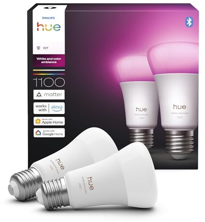 Philips Hue Smart LED A60 ljuskälla, White and color ambiance, E27-sockel, 8,1W, Fullspektrumljus 1000K-20000K, 1100 lumen, Dimbar, Fungerar med Alexa, Google Assistant och Apple Home, 2-pack