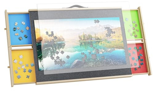 YITAHOME Jigsaw Puzzle Board - 5-Winkel Verstellbarer Neigbarer Puzzletisch mit 4 Magnetschubladen, rutschfeste Filzoberfläche, Lenkrollen - Tragbarer Puzzletisch aus Holz für 1000 Teile