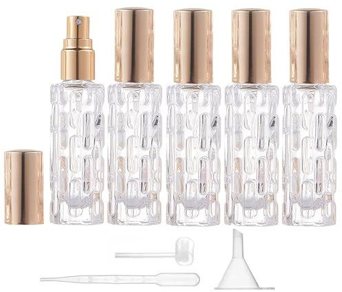 Aieino 5PCS 10ml Travel Perfume Atomiser Refillable - Portable Perfume Bottle Mini Aftershave Atomisers Spray Bottles Non Leakable with Funnel Dispenser for Women, Pocket Handbag(Lines, Gold)