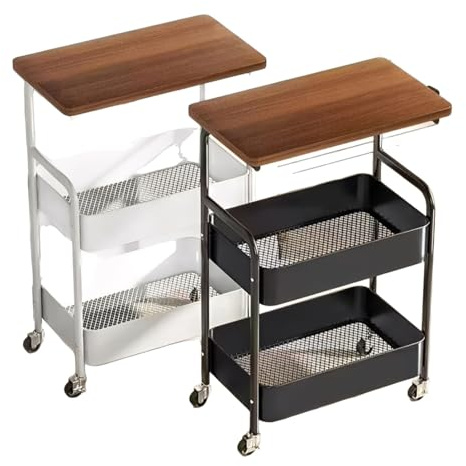 Chariot roulant multifonction avec plateau en bois, roues verrouillables pour un rangement sécurisé dans la chambre, la cuisine, le bureau
