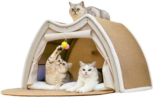 Katzenzelt Sisal Kratzhaus, 2-in-1 Katzenhaus & Kratzbrett, Ganzjahres Katzenbett mit Sisal-Kratzfläche zum Ausruhen und Spielen, für Katzen & Kleine Hunde(Beige, 62x50x43)