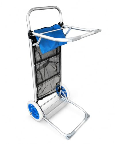 Acomoda Textil - Carro de Playa Plegable 105x52 cm 2 en 1 con Mesa Integrada. Carrito de Transporte de Aluminio con Ruedas Grandes, Bolsa de Almacenaje y Goma de Sujeción para Playa y Camping.