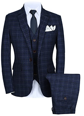 MOGU Traje de 3 Piezas a Cuadros para Hombre, Conjunto de Chaqueta, Chaleco y Pantalones para Bodas, Bailes de graduación y Negocios, Azul, 34