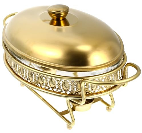 UPKOCH 1.5L Round Chafing Dish Buffet Warmer, Gold Chafer Set with Steel Lid, Glass Food Pan, Water Pan, and Fuel Holders for Buffet, Wedding, Parties, Banquet, Catering Events