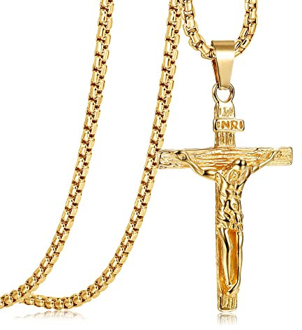 JeweBella Kreuz Halskette Herren Edelstahl Jesus Kruzifix Anhänger Halskette mit venezianischer Kette 61 cm Silber/Gold/Schwarz Religiöser Schmuck Geschenk (B:Gold)