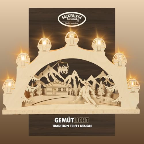 weigla - Schwibbogen original Erzgebirge I LED Lichterbogen Weihnachten I Motiv Wintersport I 7 Lampenkerzen + 1 Ersatzlampe I 7 x 34 V, 0,2 W, E10 I beleuchtete Weihnachtsdeko innen I Ganzjahresdeko