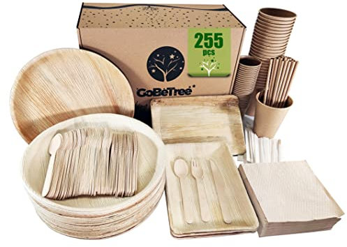 Vajilla Desechable Hoja de palma de 255 piezas para 25 personas. Platos Desechables Redondos con bandejas, cubiertos de madera, vasos kraft y vasos para cafe con paletinas. Camping y Barbacoa.