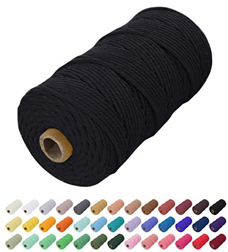Uiopa Corde Macramé 2mm x 200m, Fil Macramé Coton Ficelle Cordon Naturelle, Cordelette 2mm pour Tenture Murale, Porte Plante Mural, Rideau, Décoration Bohème (Noir)