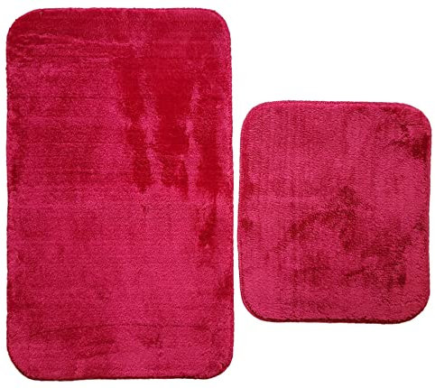Badgarnitur 2 TLG. Set 60x100 cm, einfarbig Fuchsia, WC Vorleger rechteckig für Hänge-WC, 2cm stark, sehr weich