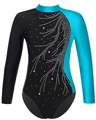 Choomo Barn-gymnastikdräkt gymnastikdräkt flickor långärmad tröja leotard träning gymnastikbody danskläder danskläder, Blå R, 146-152