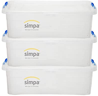 simpa 32 Litre 32L Stackable Compact Under Bed Plastic Storage Box with Clear Click Lock Closure Lid - 19cm (H) x 58cm (L) x 40cm (W) - Set of 3