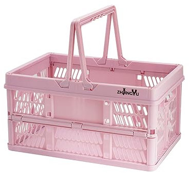 ZHJINGYU Collapsible Crate, 20L Collapsible Storage Box with Handle, Plastic Crate for Milk Clothes Toy Book Snack Fruit Grocery Storage (Pink)
