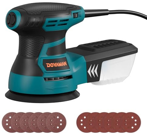 DOVAMAN ROS01A 350W Exzenterschleifer, 6 Variable Geschwindigkeiten, 13000 U/min, 12 Stück Schleifpapiere, 125mm Schleifteller, Staubabsaugung, für Holz und Stahloberflächen