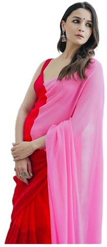 Sidhidata Women's Printed Pure Georgette Saree With Unstitched Blouse Piece (Alia Red-Pink_Red-Pink_Free Size)