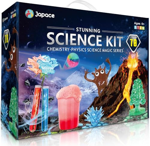 Japace 70 Experimente für Kinder, Wissenschaft Experimentierkasten Labor STEM Spielzeug 4-6-8-10-12 Jahre Geschenke für Jungen Mädchen, Chemie-Set, Kristalle Züchten, Vulkan, Gummiball