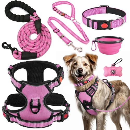 LOBEVE Anti-Zug Hundegeschirr Set mit Halsband & Leine | Inkl. Auto Sicherheitsgurt, Faltbare Näpfe & Kotbeutelspender | Für kleine bis große Hunde | Ideal für Spaziergänge, Training & Reisen