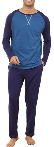 Reliwel Pyjamas herr lång pyjamas bomull tvådelat nattkläder set rund hals topp och pyjamasbyxor med ficka herr hemmadräkt sovkläder nattkläder
